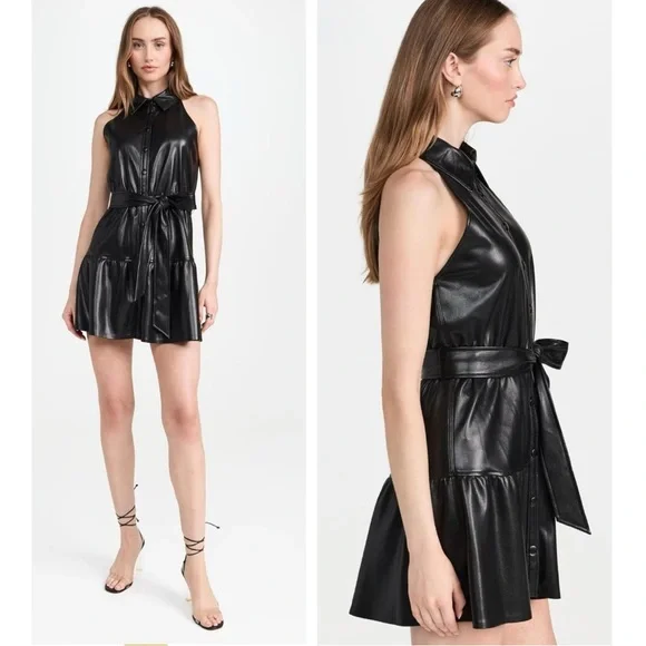 Alice + Olivia Miranda Vegan Leather Tiered Button Down Sleeveless Mini Dress - Picture 5 of 16
